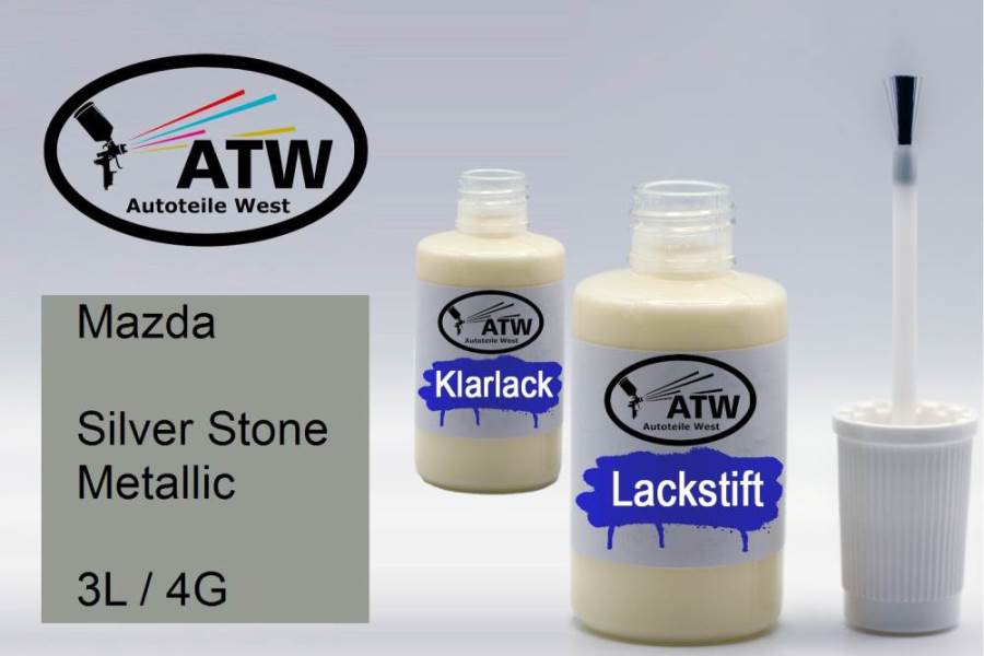 Mazda, Silver Stone Metallic, 3L / 4G: 20ml Lackstift + 20ml Klarlack - Set, von ATW Autoteile West.